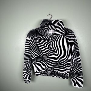 Honey‎ & Sparkle Faux Fur Soft Zebra Print Cropped 1/4 Zip Pullover Size Small